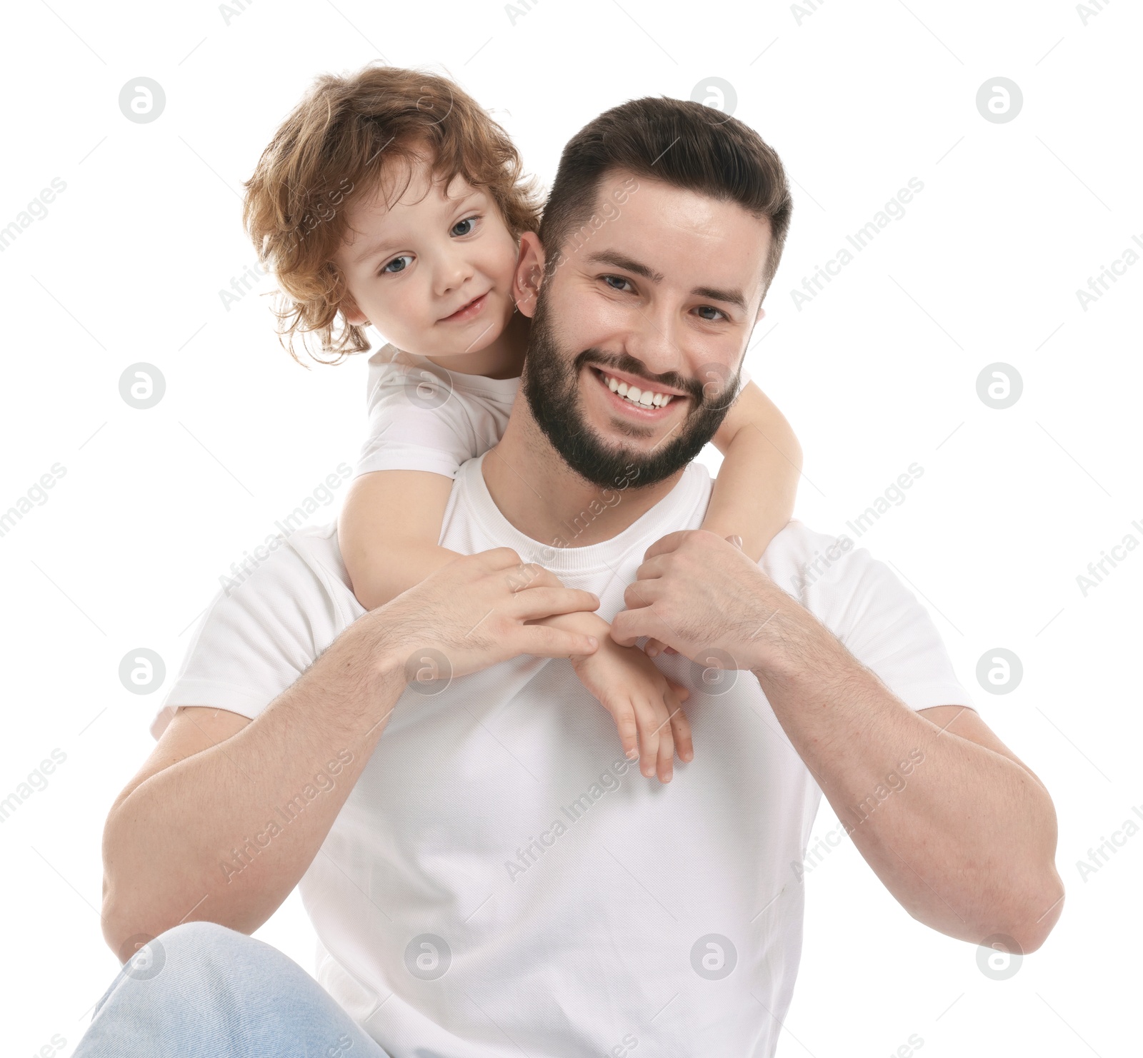 Happy father and his son on white background Photo of Happy father and his son on white background