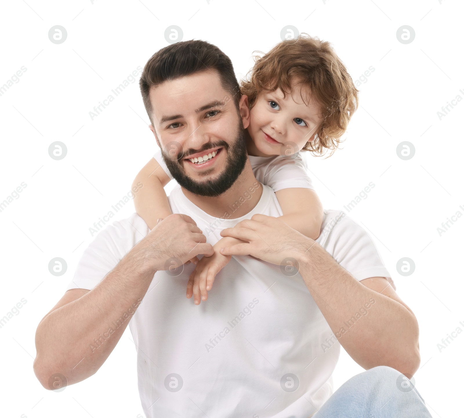 Photo of Happy father and his son on white background