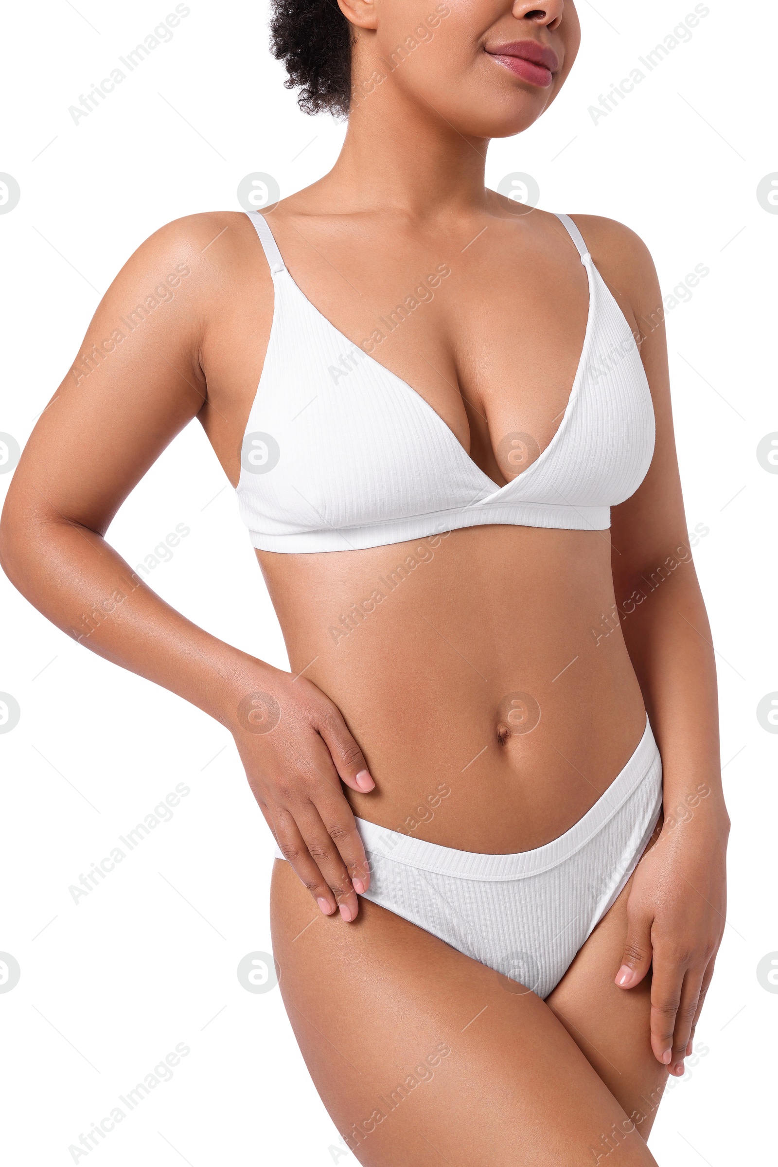 Photo of Woman in underwear with smooth skin after epilation procedure on white background, closeup