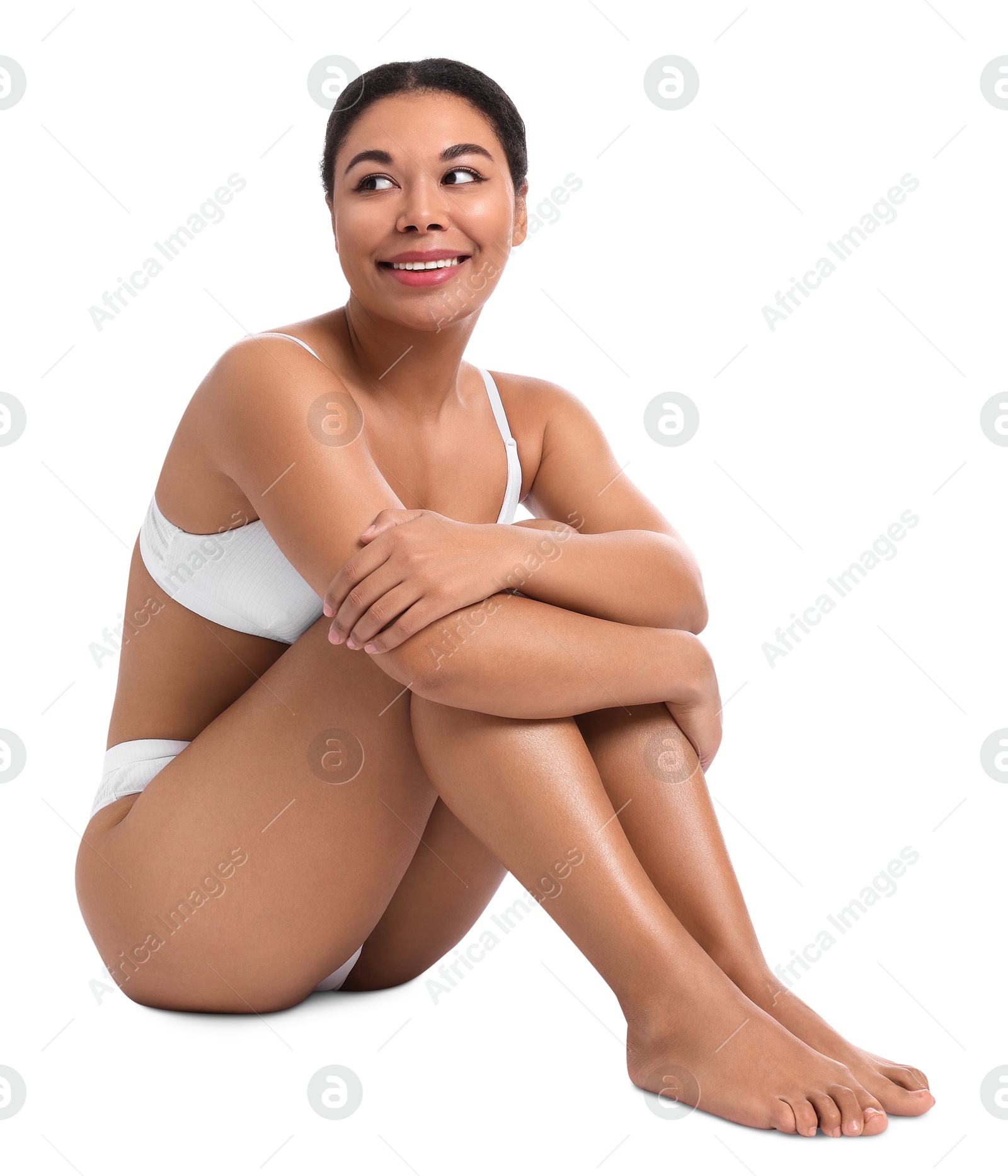 Photo of Woman in underwear with smooth skin after epilation procedure on white background