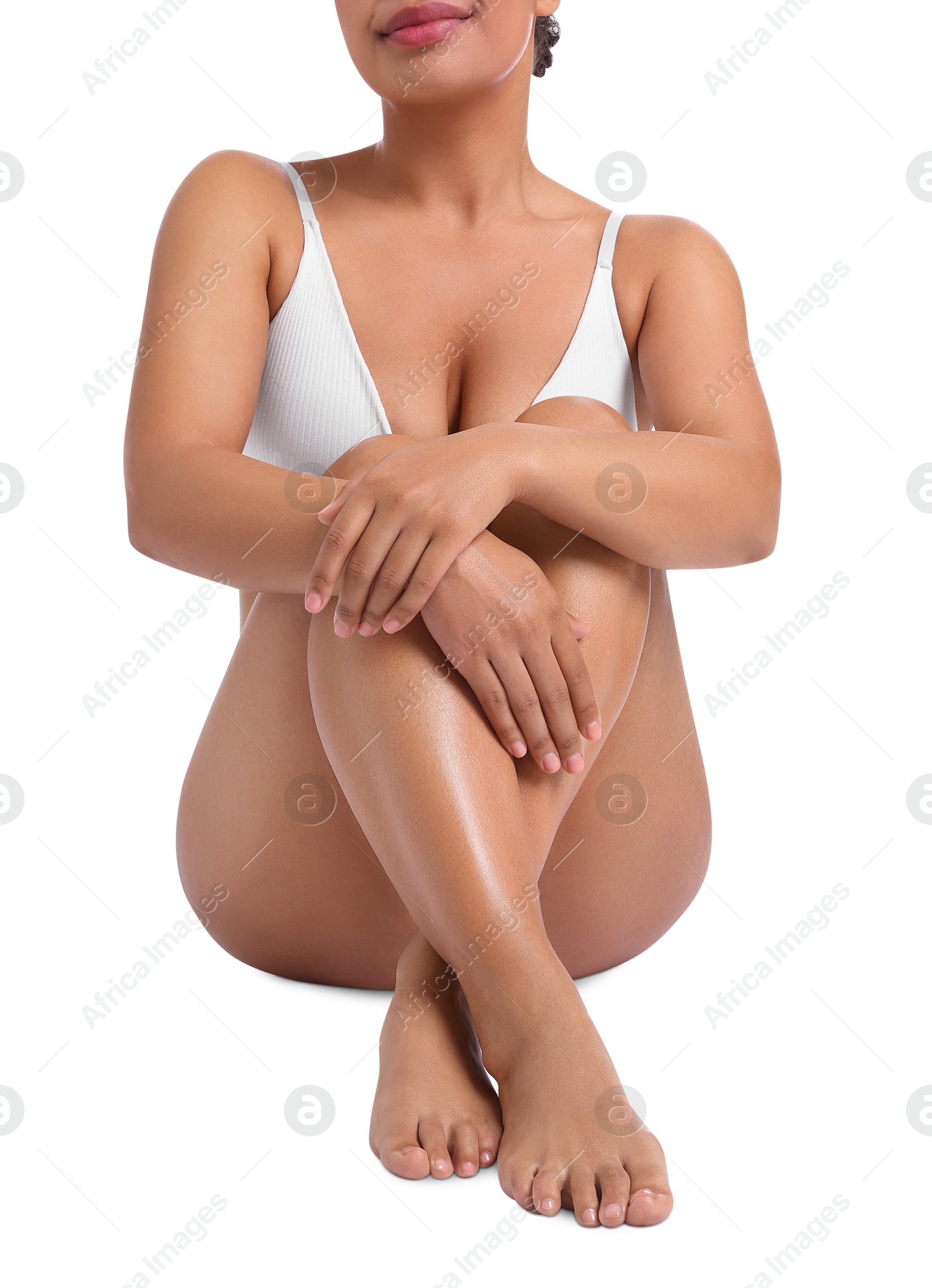 Woman in underwear with smooth skin after epilation procedure on white background, closeup Photo of Woman in underwear with smooth skin after epilation procedure on white background, closeup