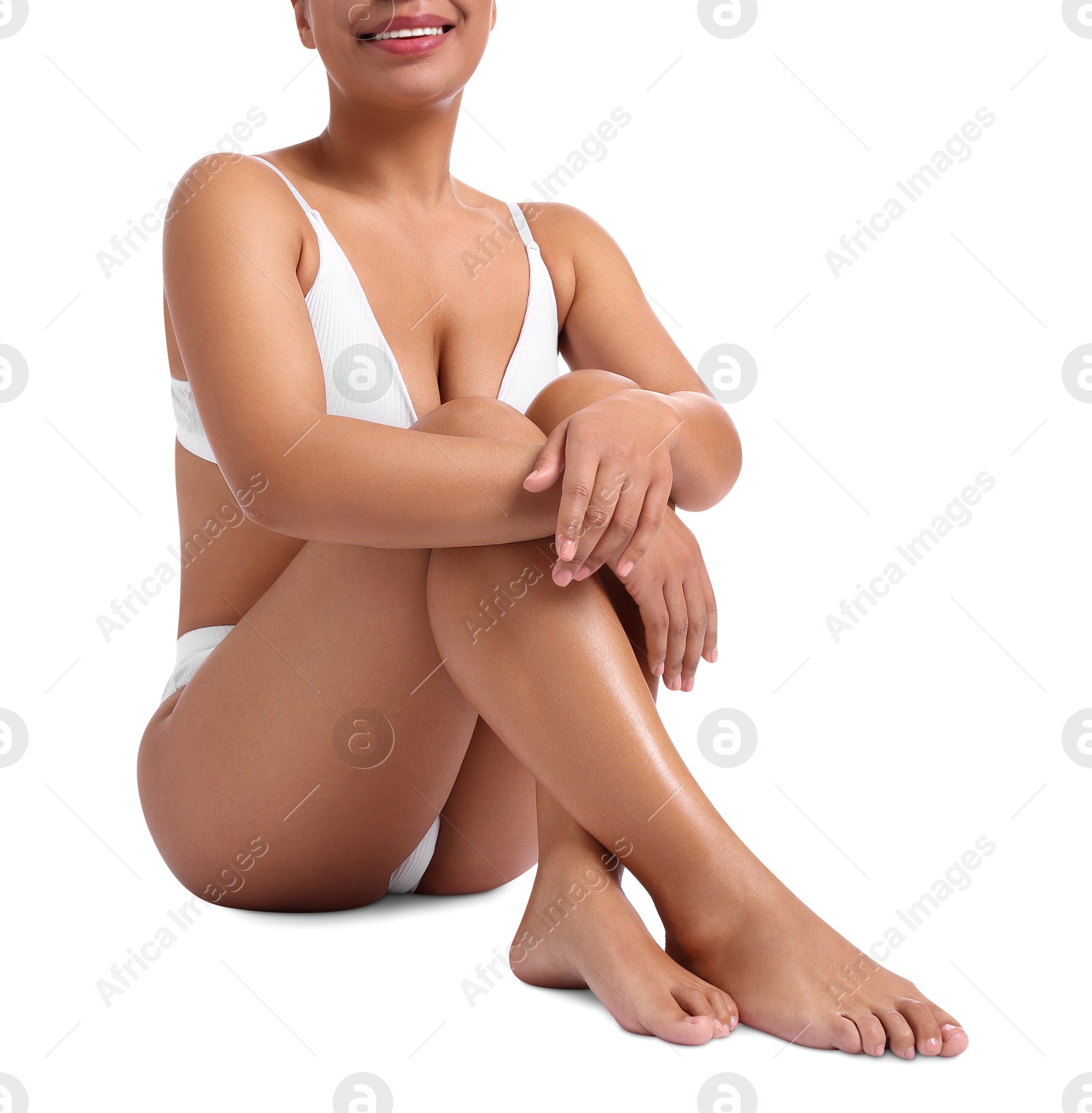 Photo of Woman in underwear with smooth skin after epilation procedure on white background, closeup
