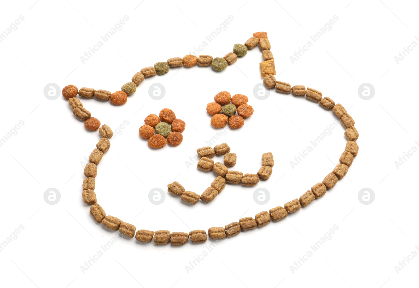 Cat's muzzle made of dry pet food isolated on white Photo of Cat's muzzle made of dry pet food isolated on white
