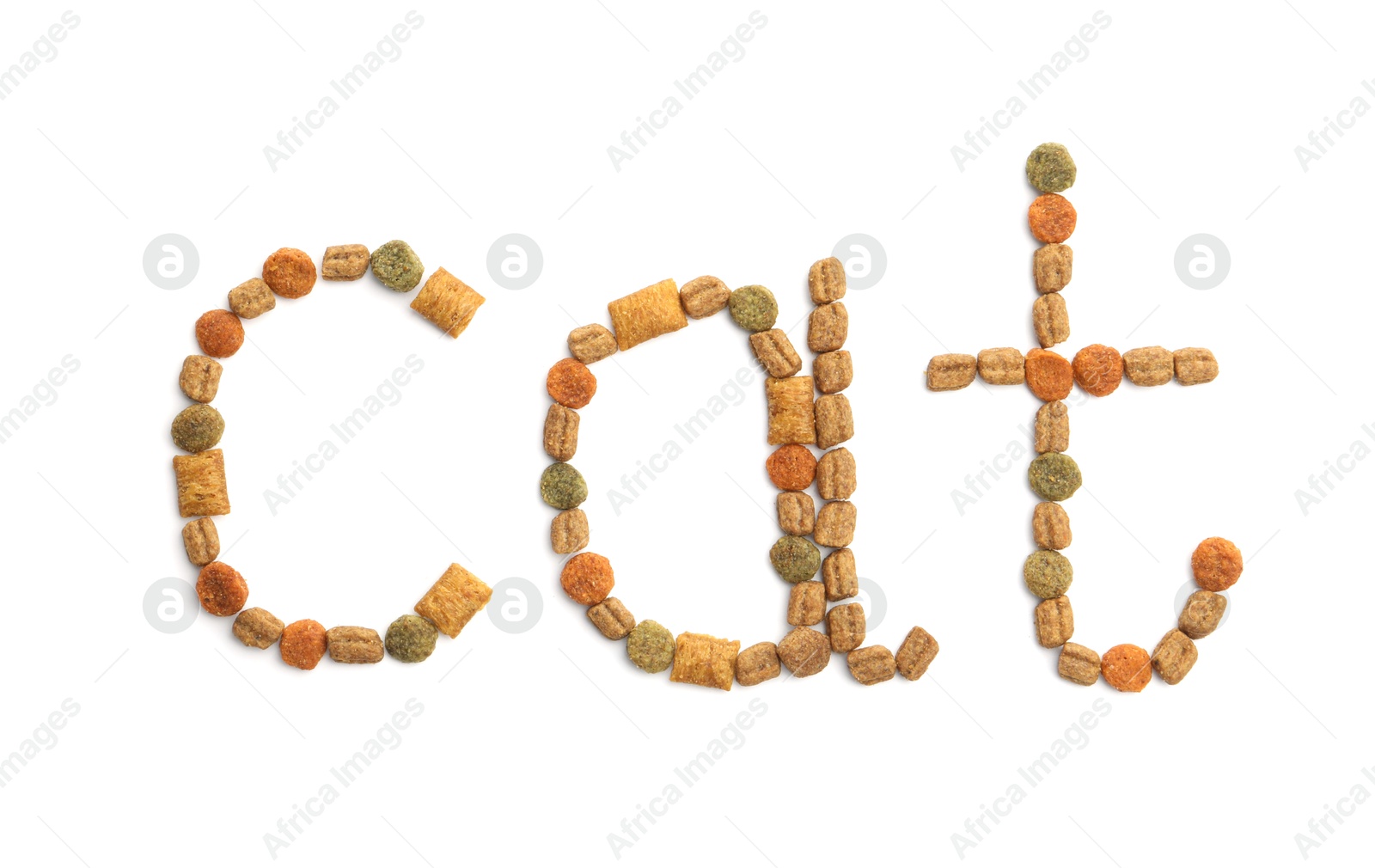 Word Cat made of dry pet food isolated on white, top view Photo of Word Cat made of dry pet food isolated on white, top view