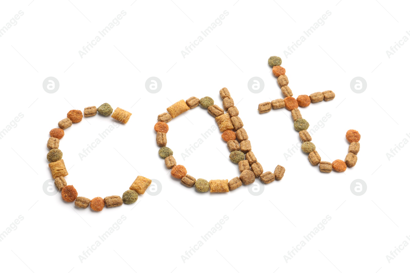Photo of Word Cat made of dry pet food isolated on white, above view