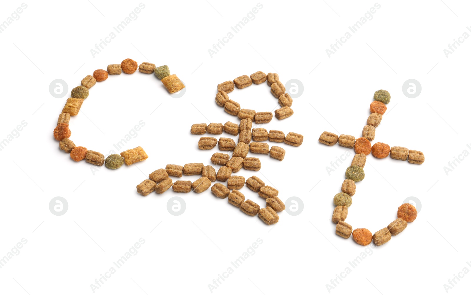 Word Cat with fish skeleton instead of letter A made of dry pet food isolated on white Photo of Word Cat with fish skeleton instead of letter A made of dry pet food isolated on white