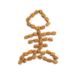 Photo of Fish skeleton made of dry pet food isolated on white, top view