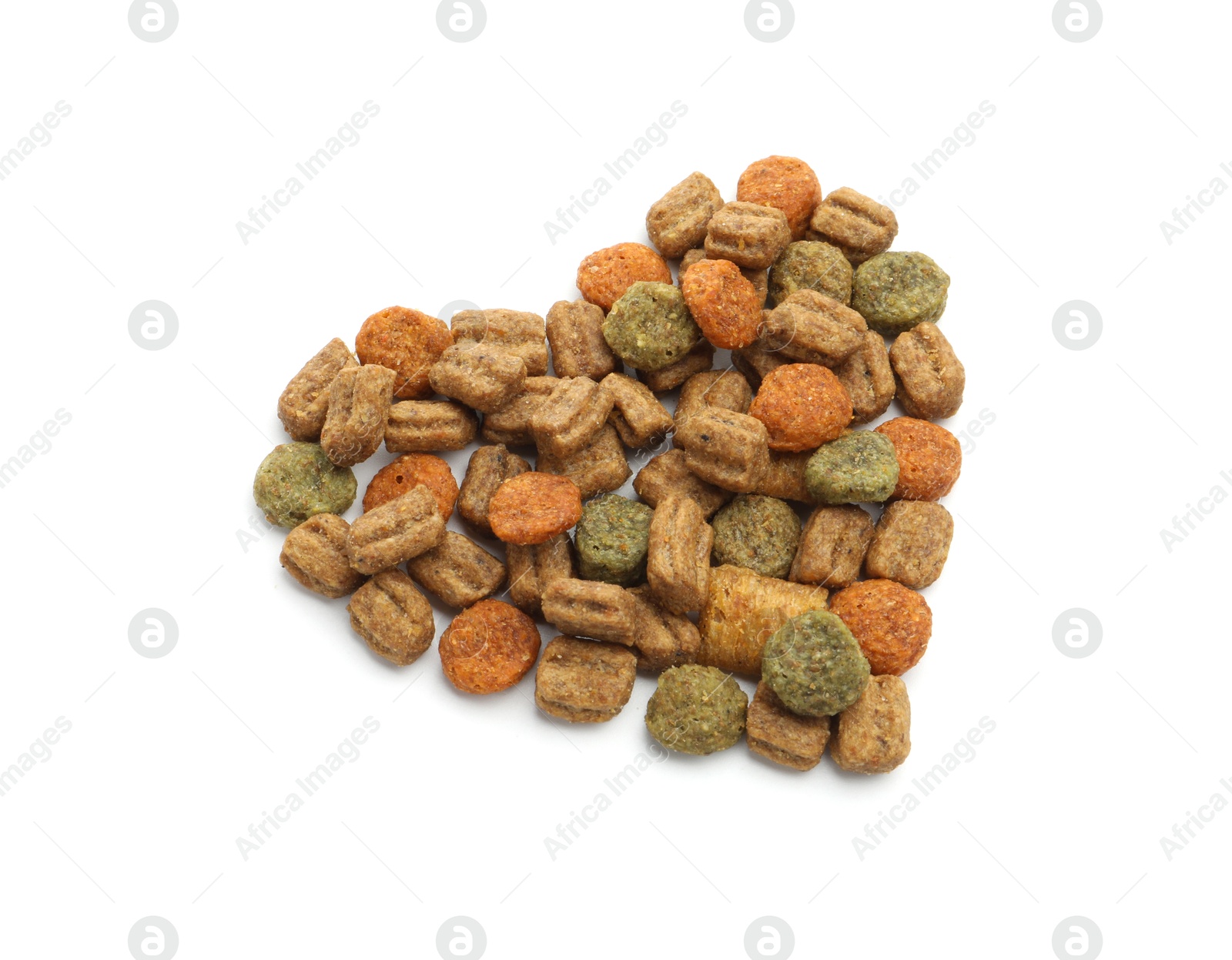 Photo of Heart made of dry pet food isolated on white