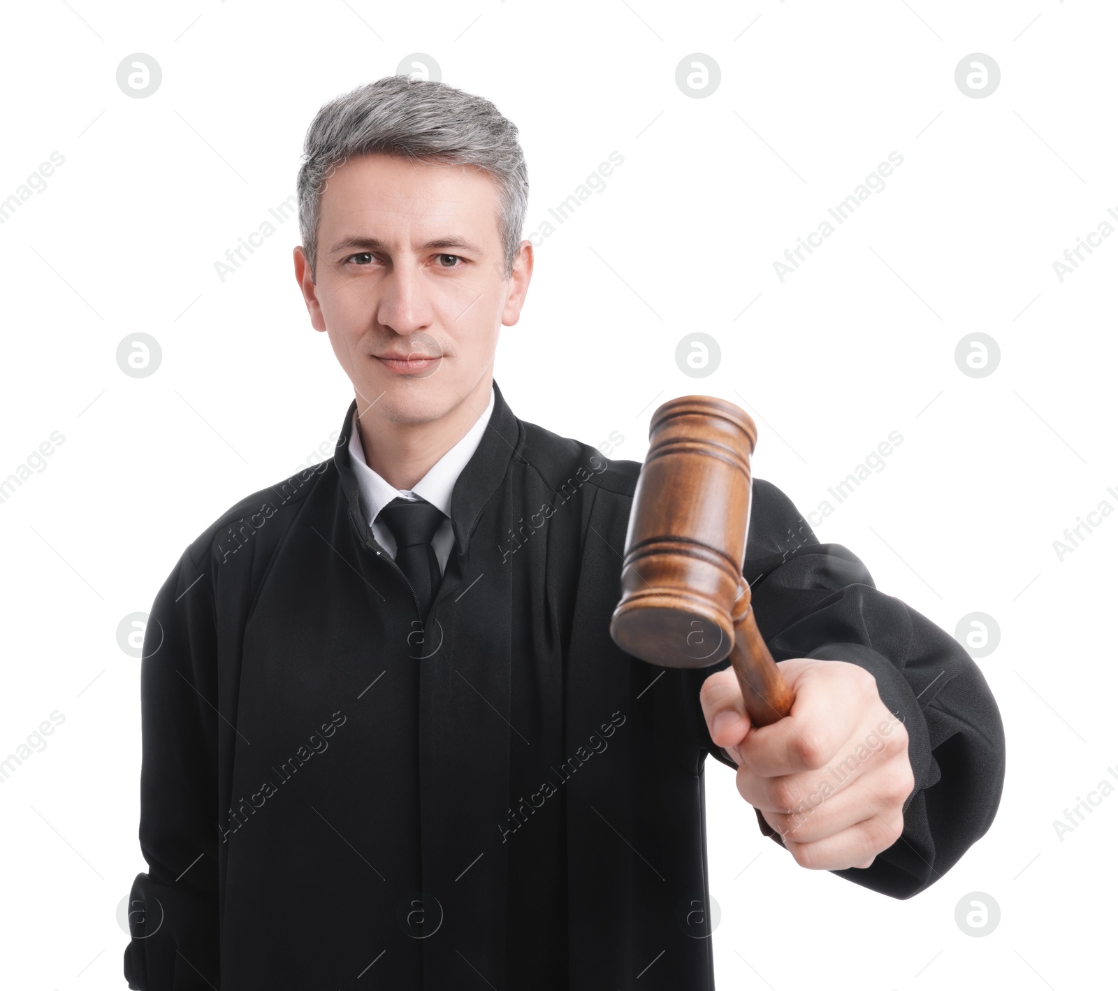 Judge with mallet in court dress on white background Photo of Judge with mallet in court dress on white background