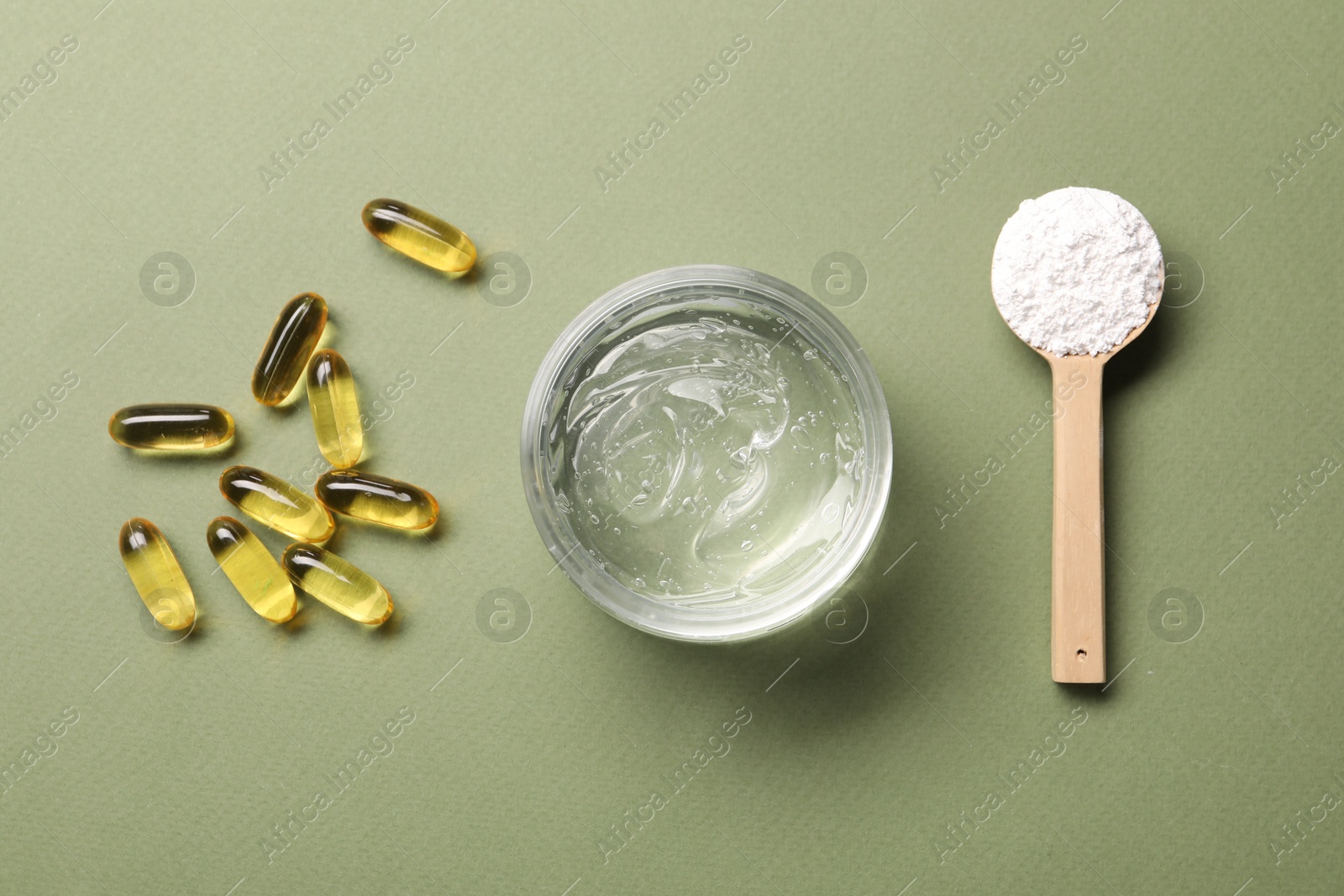 Collagen capsules, gel and powder on light green background, flat lay Photo of Collagen capsules, gel and powder on light green background, flat lay