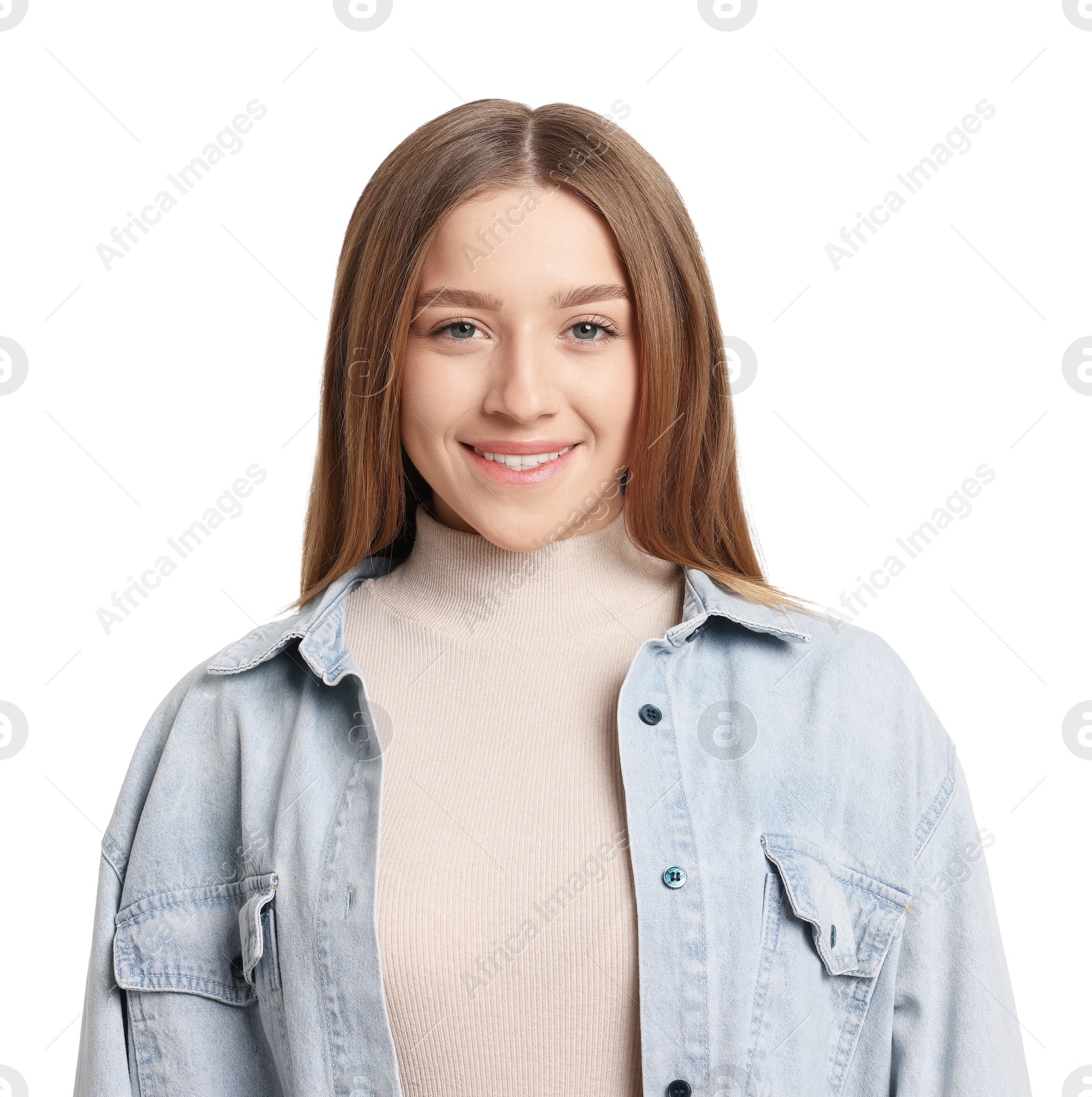 Photo of Portrait of smiling teenage girl on white background
