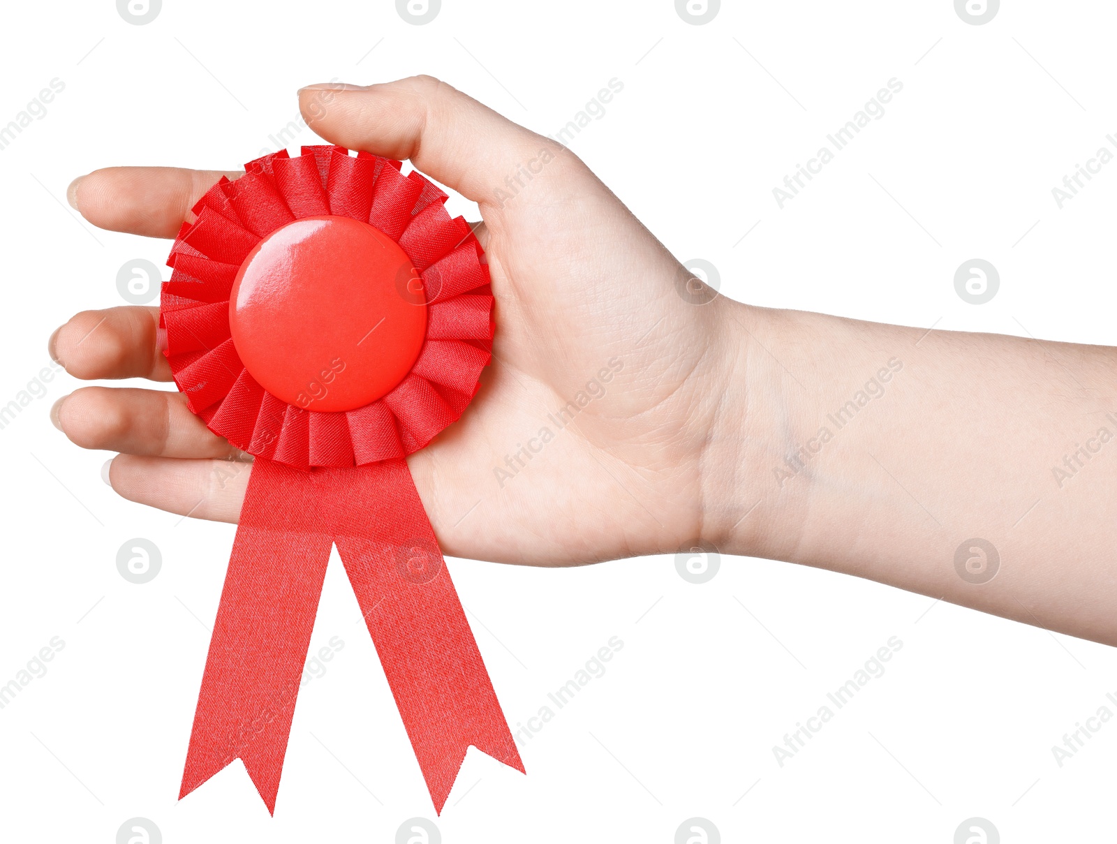 Woman holding red award ribbon on white background, closeup Photo of Woman holding red award ribbon on white background, closeup