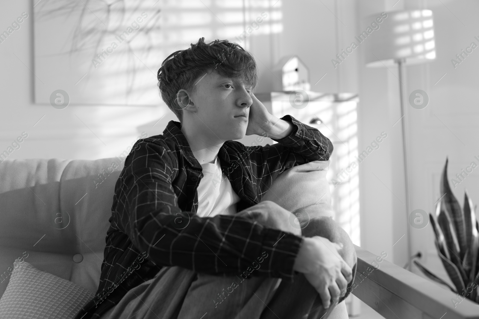 Teen problems. Depressed teenage boy on sofa at home. Black and white effect Photo of Teen problems. Depressed teenage boy on sofa at home. Black and white effect
