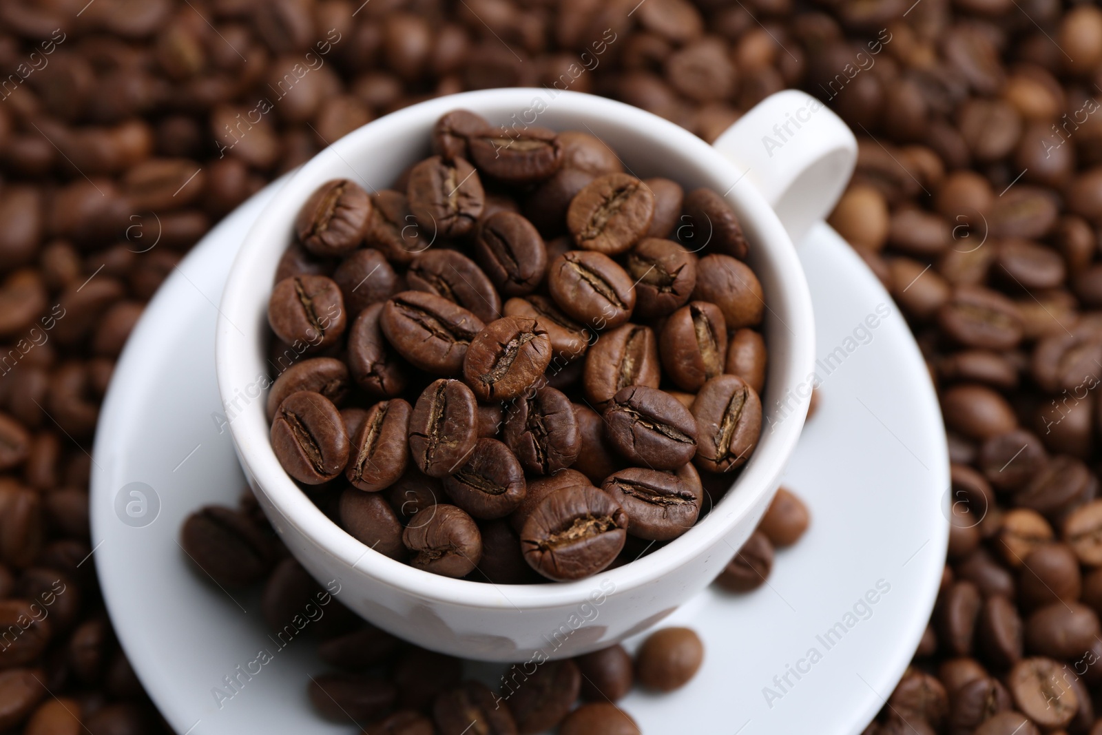 Cup and saucer on coffee beans, above view Photo of Cup and saucer on coffee beans, above view