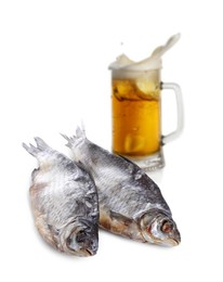 Image of Beer splashing out of glass and dried fish on white background