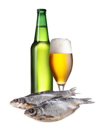 Image of Beer and dried fish isolated on white