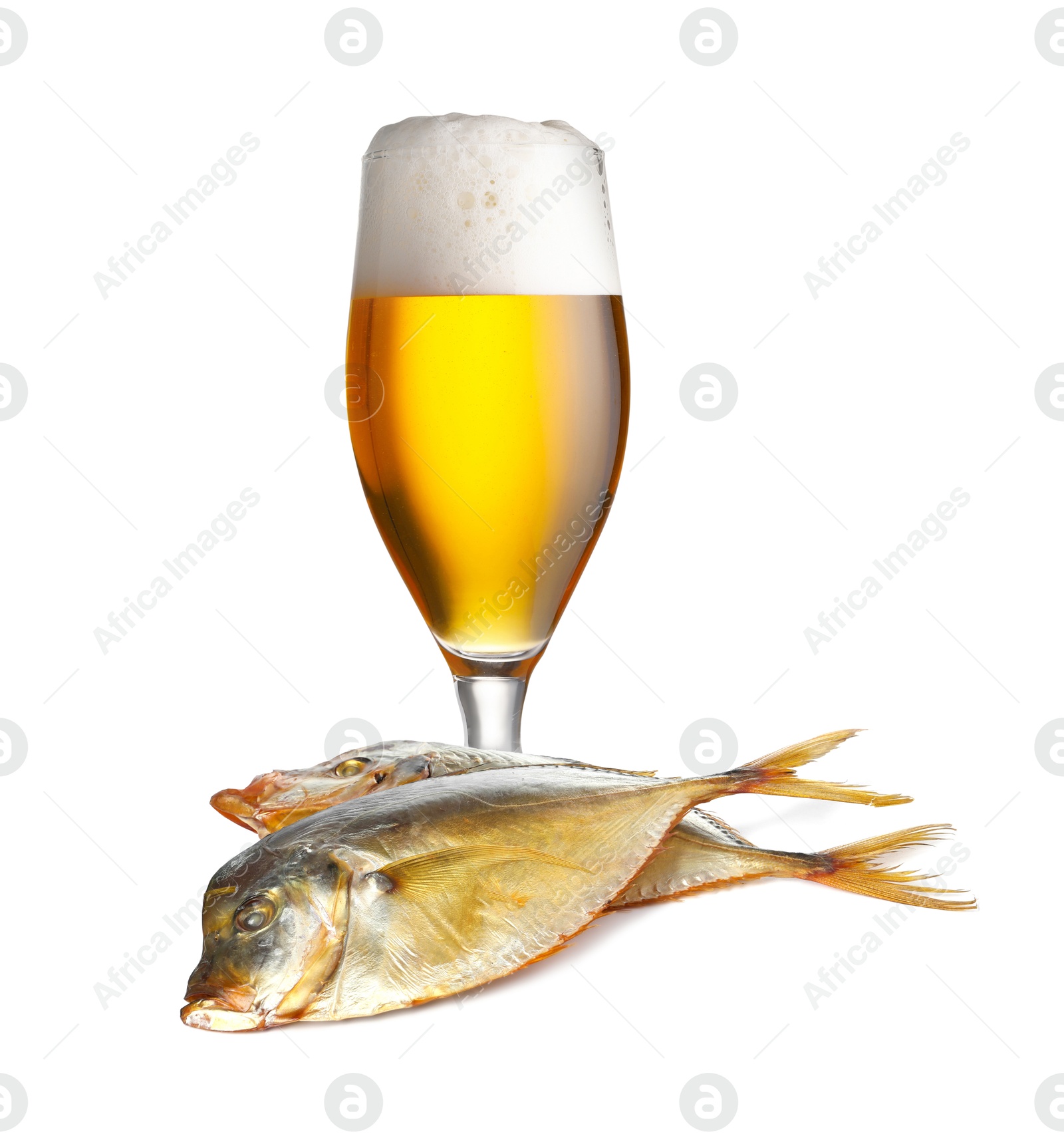 Full glass of beer and dried fish on white background Image of Full glass of beer and dried fish on white background