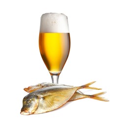 Image of Full glass of beer and dried fish on white background