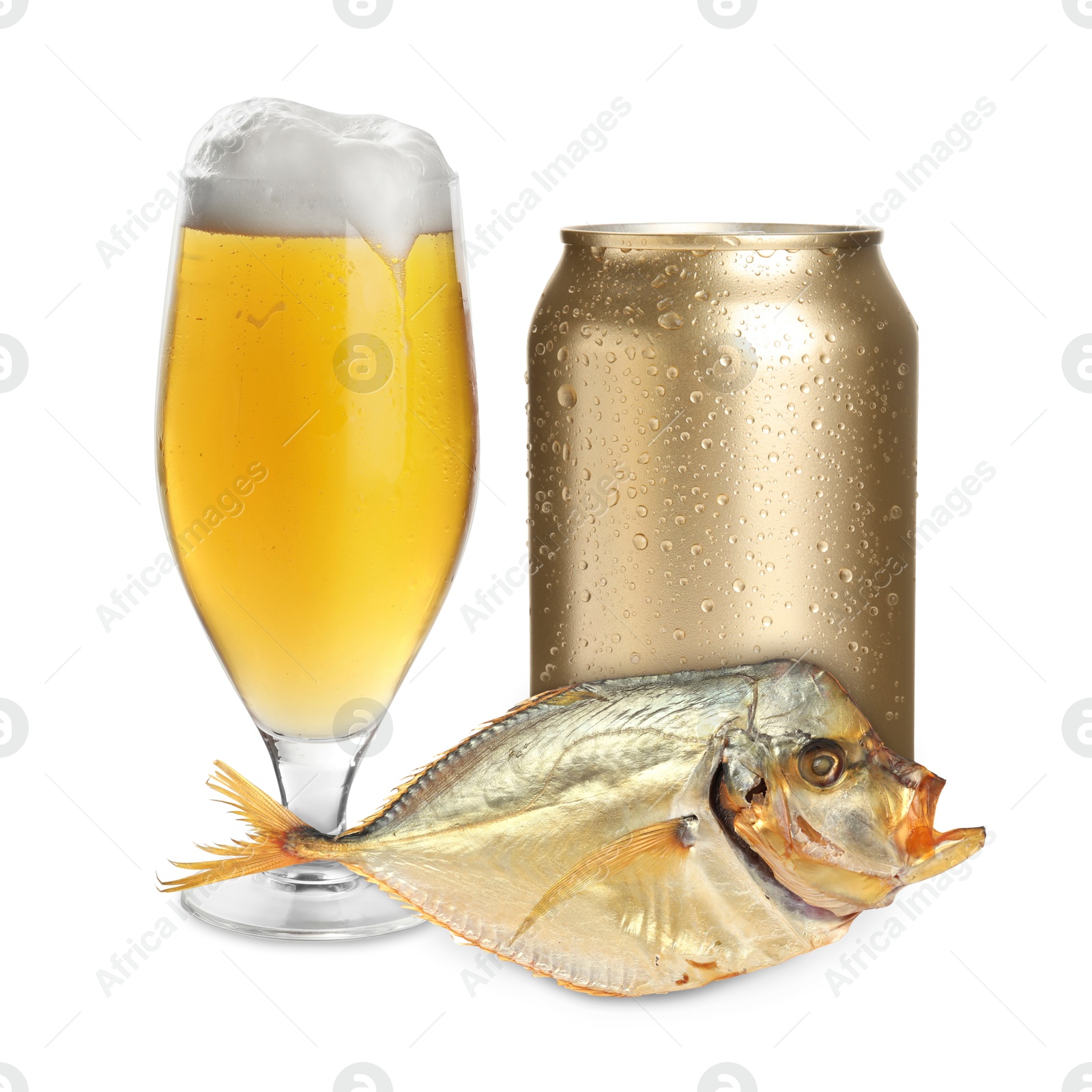 Beer and dried moonfish isolated on white Image of Beer and dried moonfish isolated on white