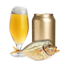 Image of Beer and dried moonfish isolated on white