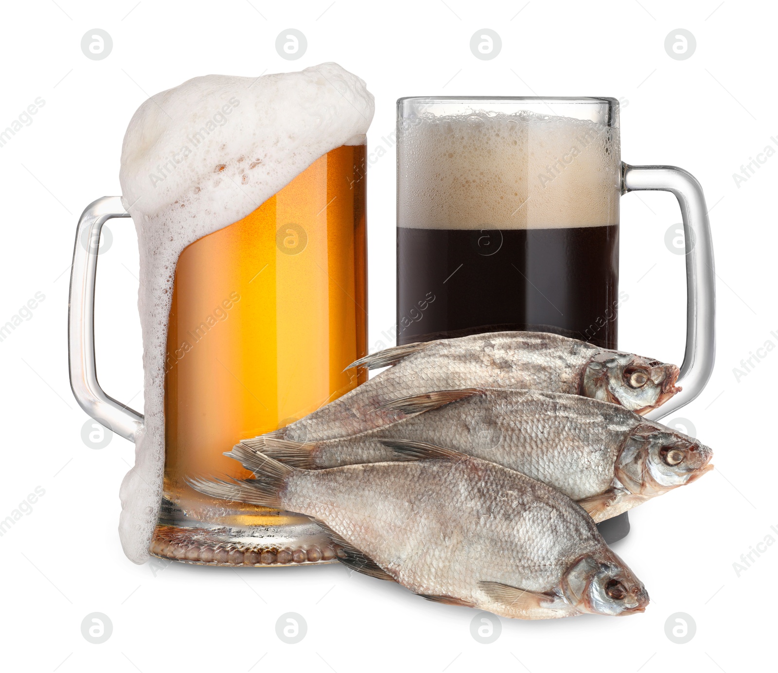 Full mugs of different beer and dried fish isolated on white Image of Full mugs of different beer and dried fish isolated on white