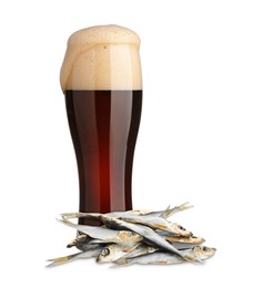 Image of Full glass of beer and dried fish on white background