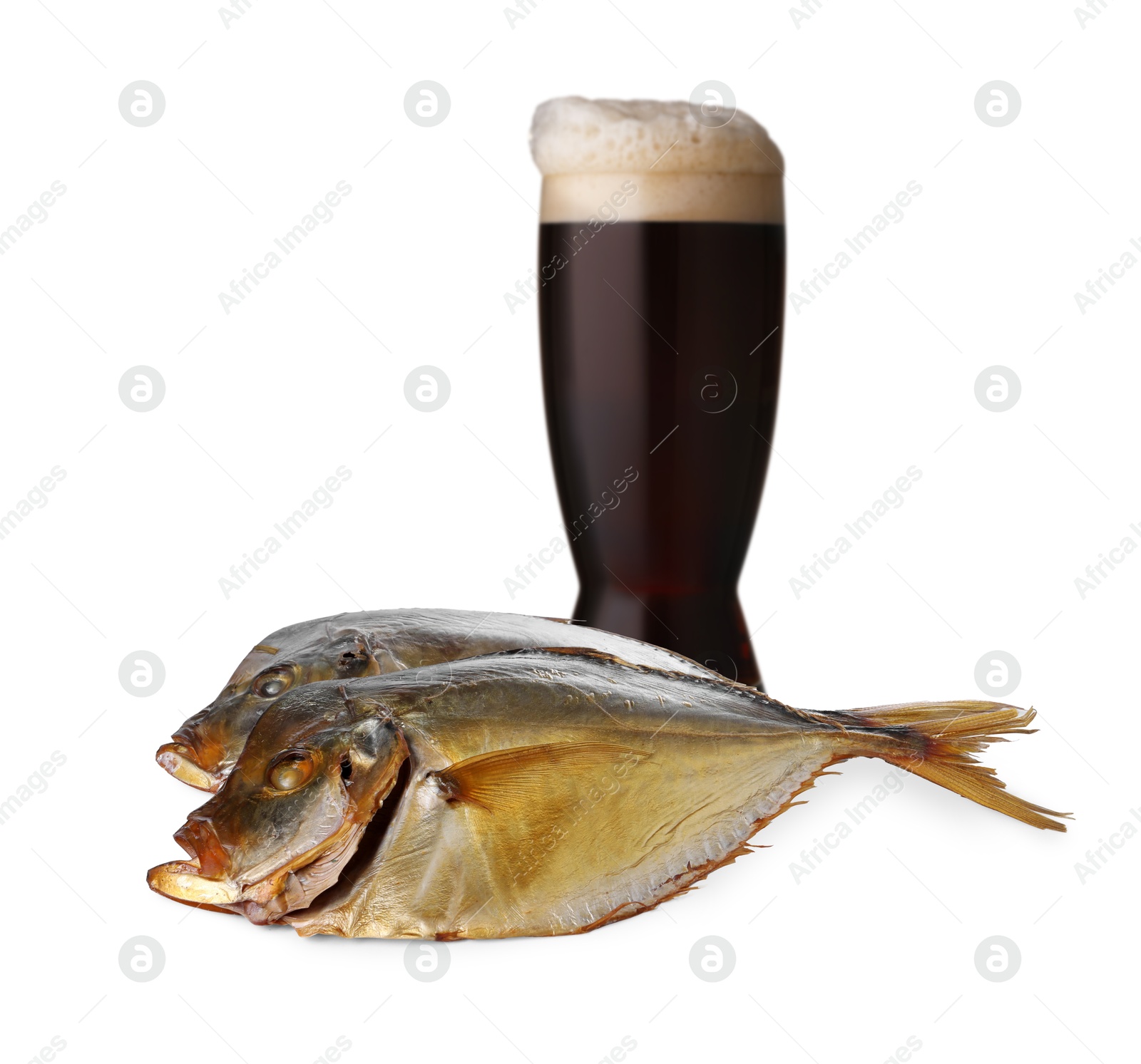 Full glass of beer and dried fish on white background Image of Full glass of beer and dried fish on white background