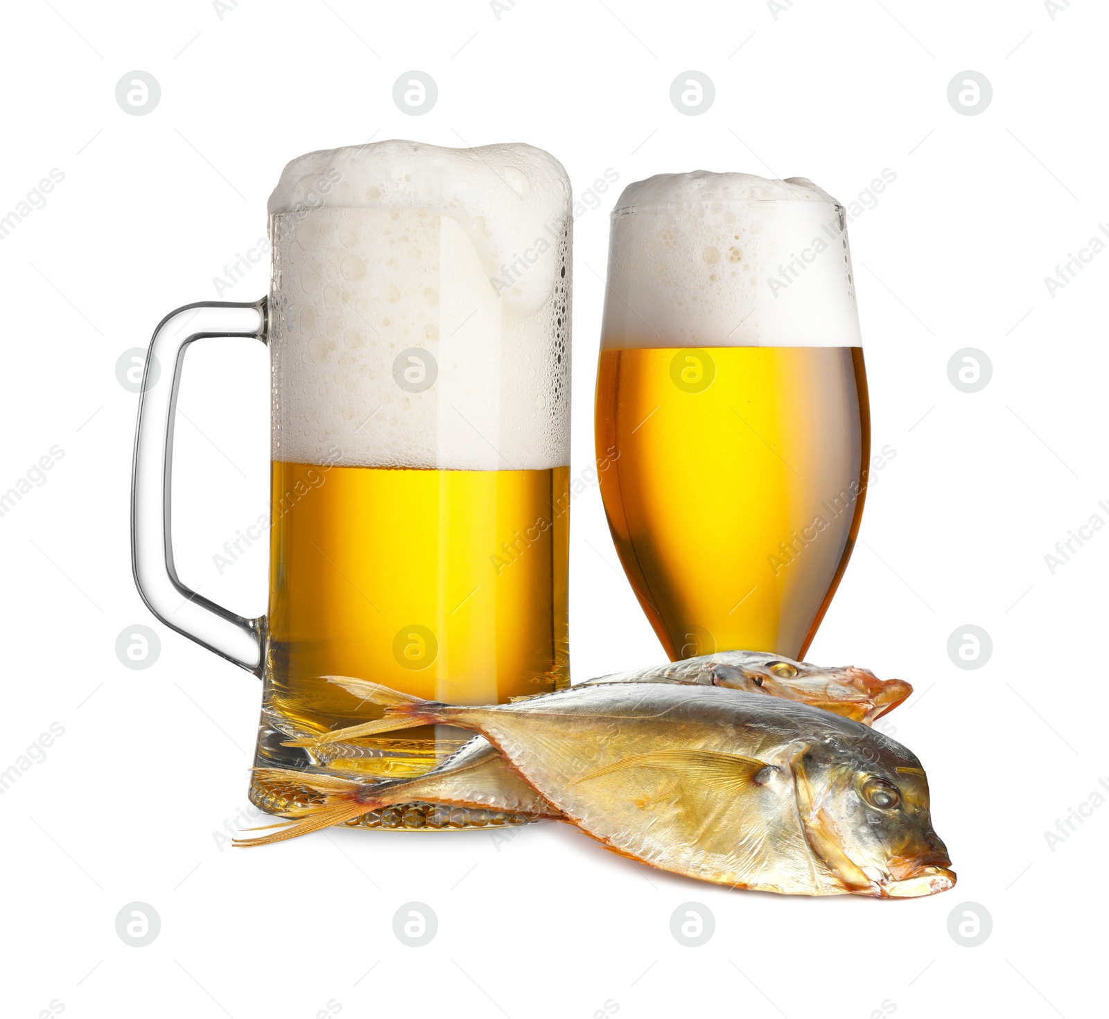 Beer and dried moonfish isolated on white Image of Beer and dried moonfish isolated on white