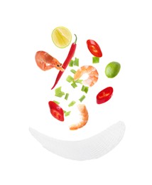 Image of Rice paper and different ingredients falling on white background