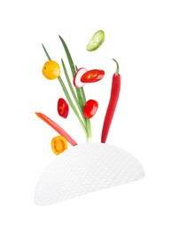 Image of Rice paper and different ingredients falling on white background