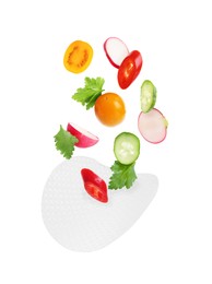 Image of Rice paper and different ingredients falling on white background