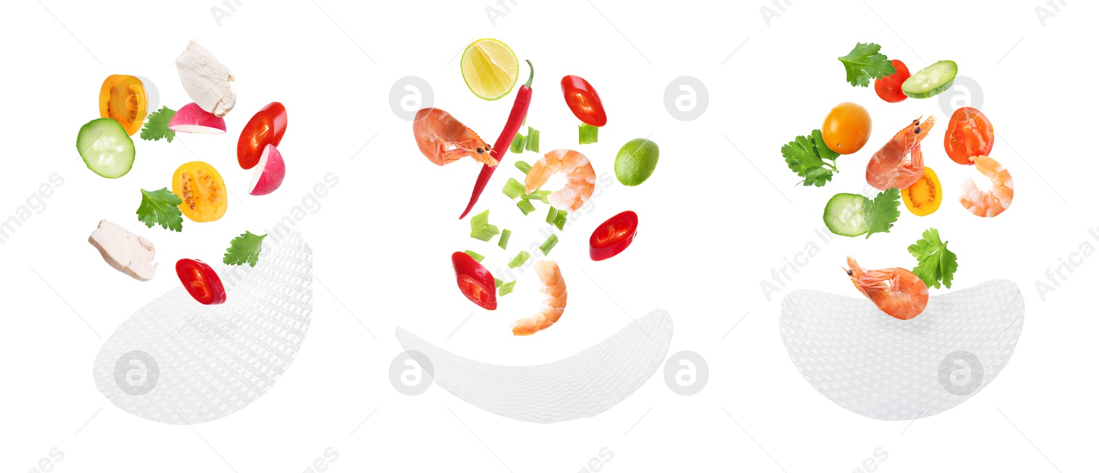 Rice paper and different ingredients falling on white background, collage Image of Rice paper and different ingredients falling on white background, collage