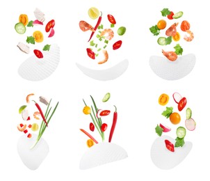 Image of Rice paper and different ingredients falling on white background, collage