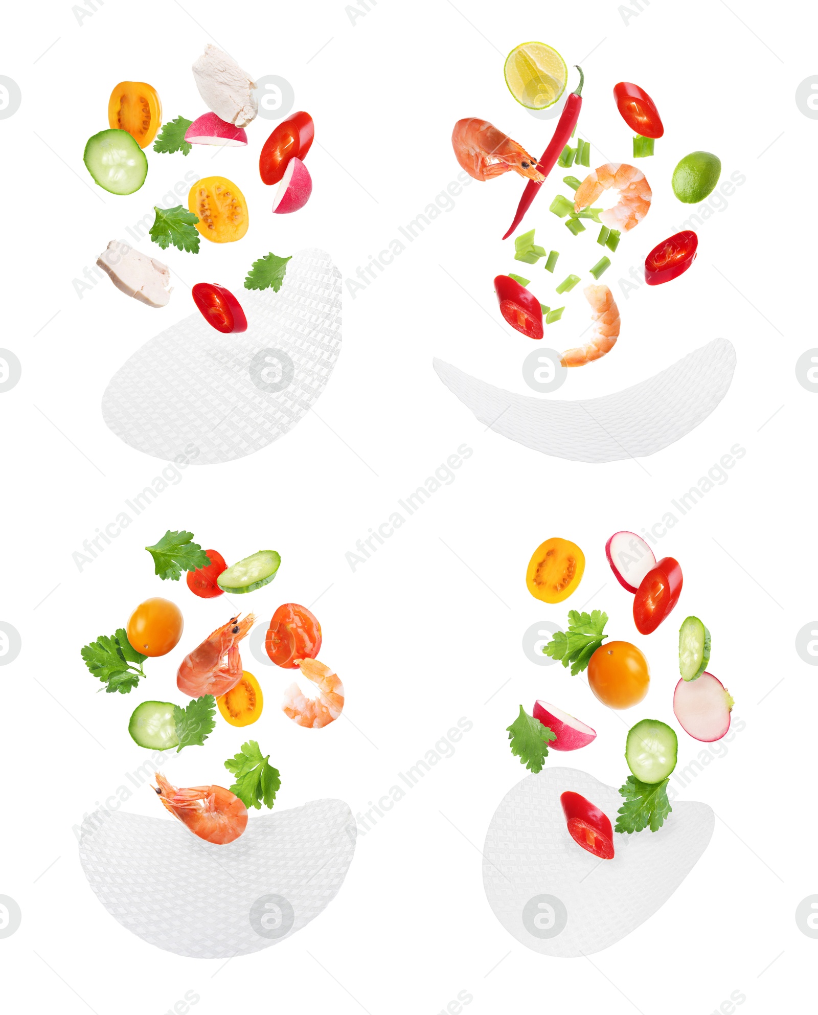 Rice paper and different ingredients falling on white background, collage Image of Rice paper and different ingredients falling on white background, collage