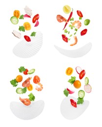 Image of Rice paper and different ingredients falling on white background, collage