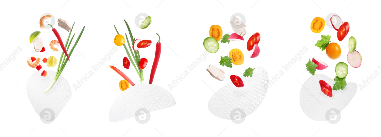 Rice paper and different ingredients falling on white background, collage Image of Rice paper and different ingredients falling on white background, collage