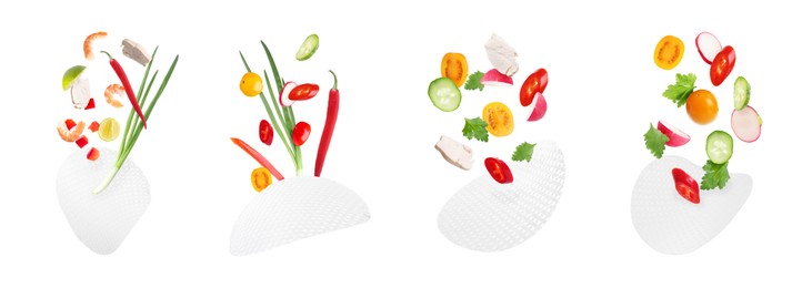 Image of Rice paper and different ingredients falling on white background, collage