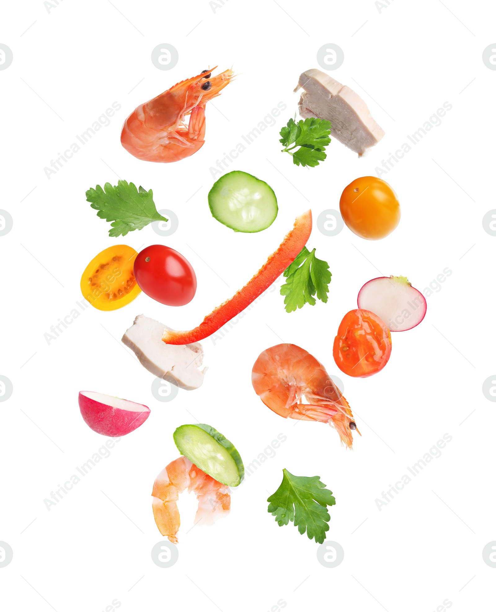Different fresh vegetables and shrimps falling on white background Image of Different fresh vegetables and shrimps falling on white background