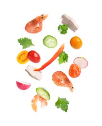 Image of Different fresh vegetables and shrimps falling on white background
