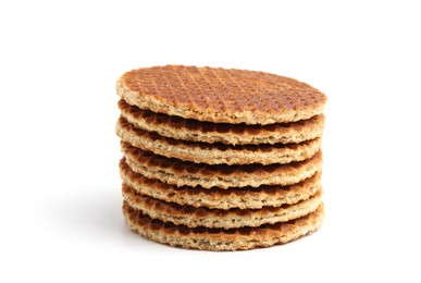 Photo of Stack of tasty round waffles isolated on white