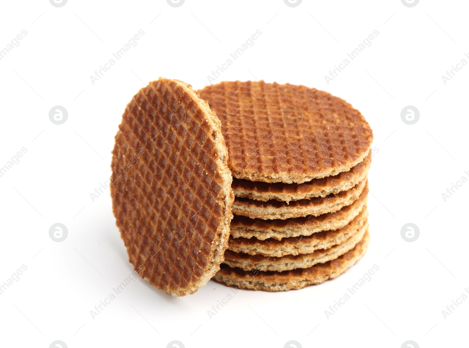 Stack of tasty round waffles isolated on white Photo of Stack of tasty round waffles isolated on white