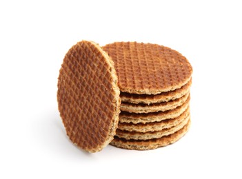 Photo of Stack of tasty round waffles isolated on white