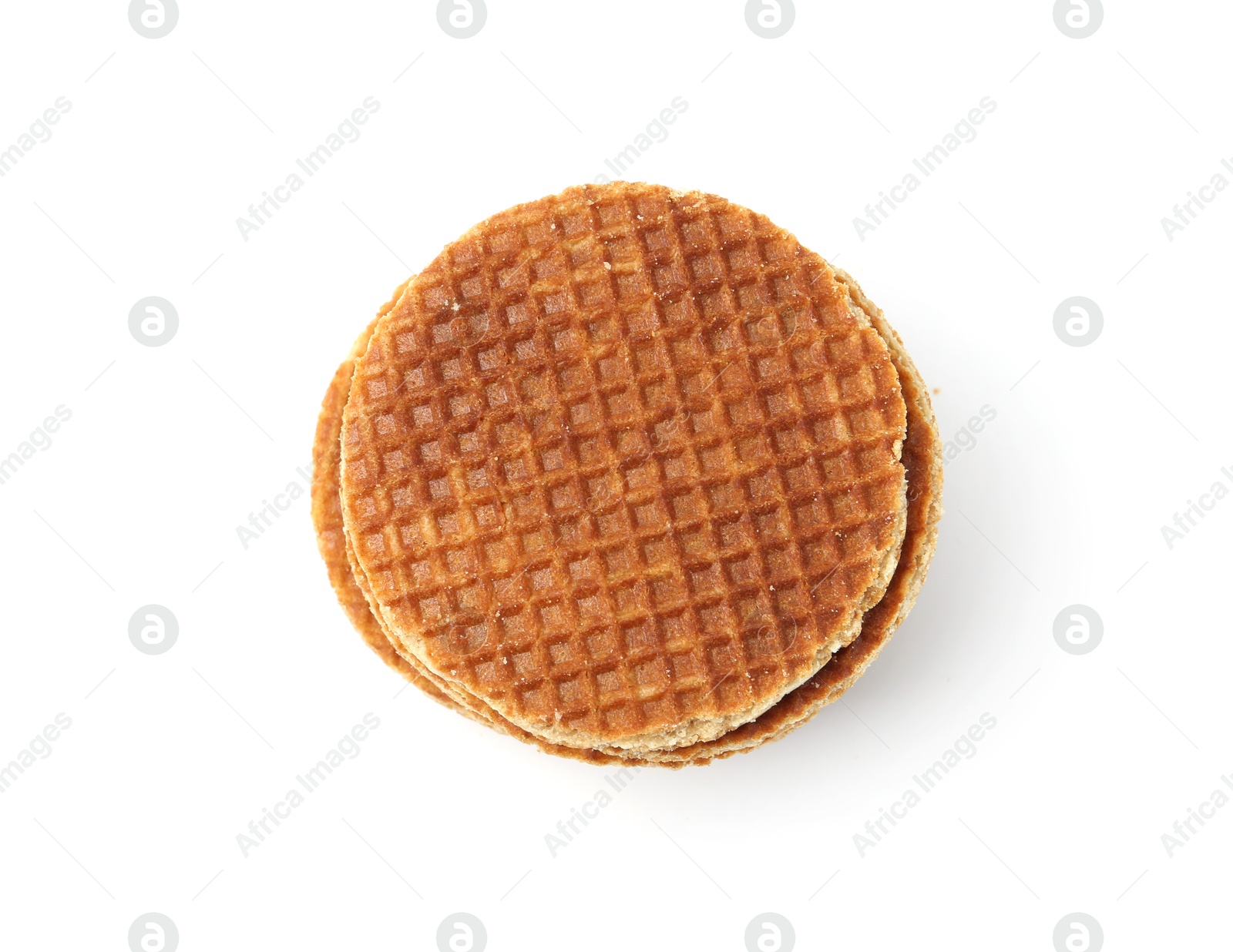 Stack of tasty round waffles isolated on white, top view Photo of Stack of tasty round waffles isolated on white, top view
