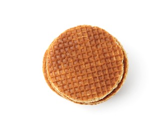 Photo of Stack of tasty round waffles isolated on white, top view