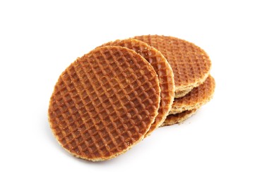 Photo of Tasty round Dutch waffles isolated on white