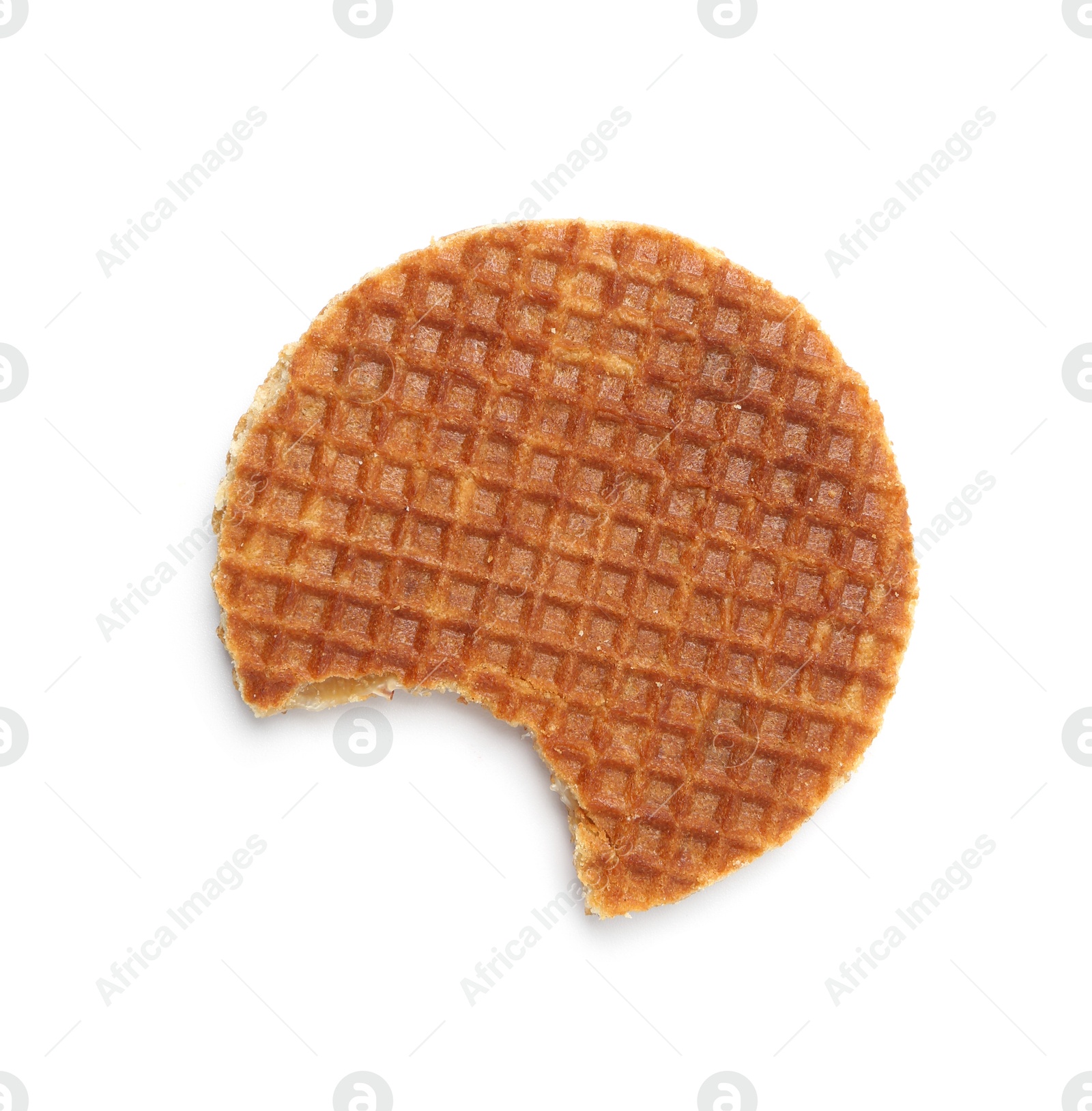 Bitten round waffle isolated on white, top view Photo of Bitten round waffle isolated on white, top view