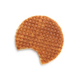 Photo of Bitten round waffle isolated on white, top view