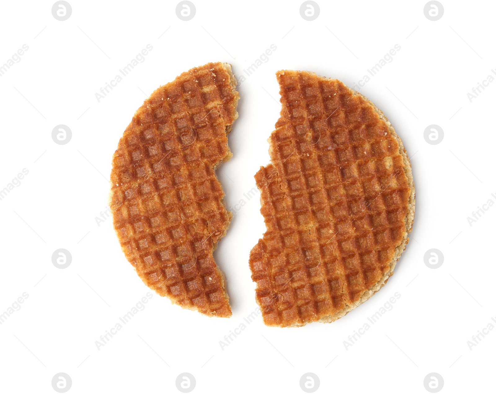Pieces of tasty round waffle isolated on white, top view Photo of Pieces of tasty round waffle isolated on white, top view