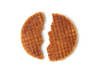 Photo of Pieces of tasty round waffle isolated on white, top view
