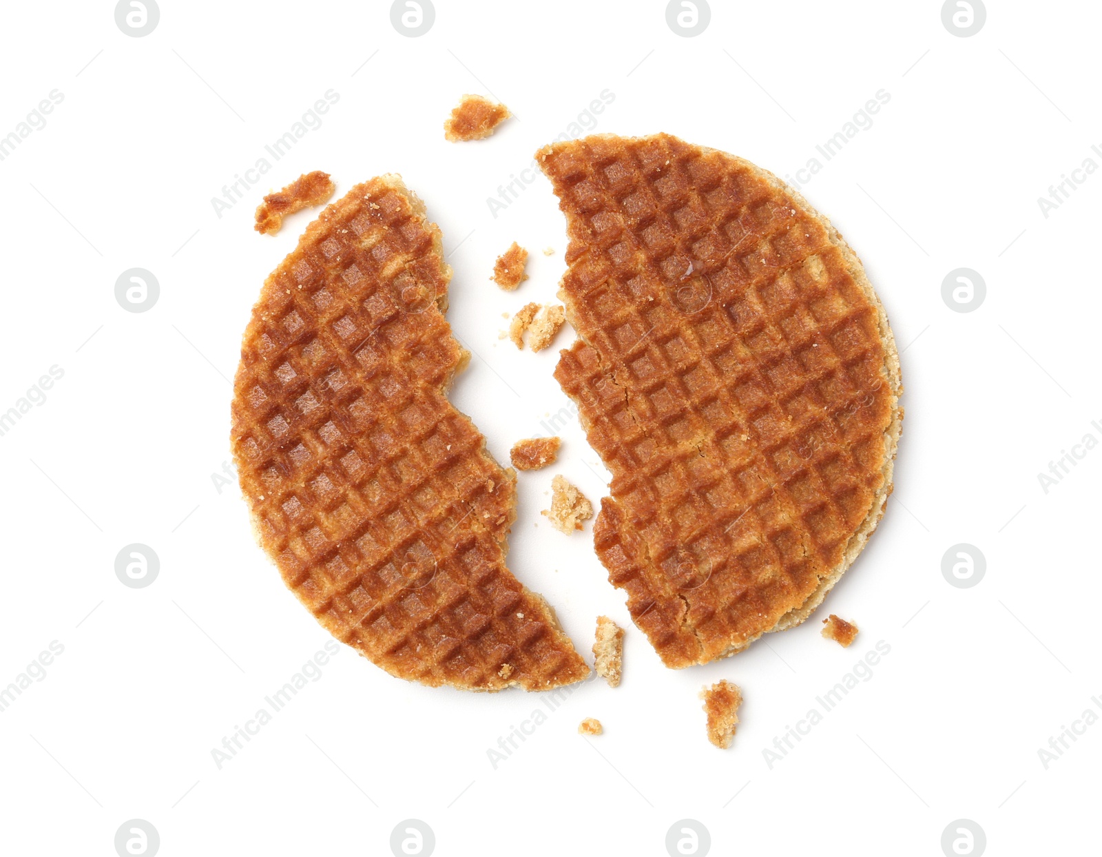 Pieces of tasty round waffle isolated on white, top view Photo of Pieces of tasty round waffle isolated on white, top view